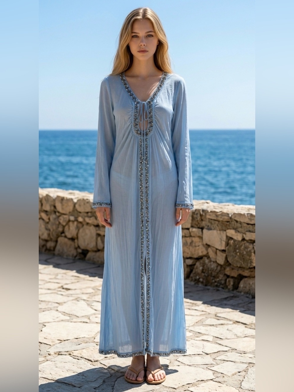 INC International Concepts Beach Light Blue Embellished Long Swim Coverup